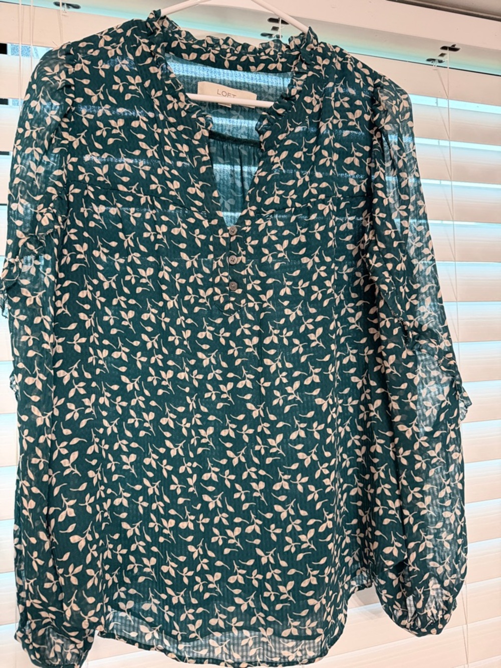 LOFT Teal Leaf-Print Sheer V-Neck Blouse